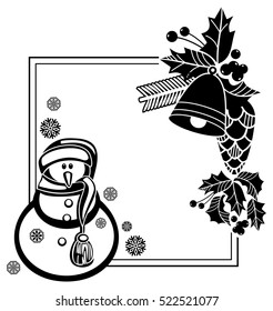 Black and white frame with funny snowman, holly berries and pine cones silhouettes. Copy space. Vector clip art.