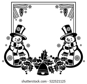 Black and white frame with funny snowman, holly berries and pine cones silhouettes. Copy space. Vector clip art.