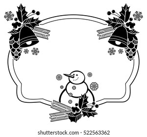 Black and white frame with funny snowman, holly berries and pine cones silhouettes. Copy space. Vector clip art.