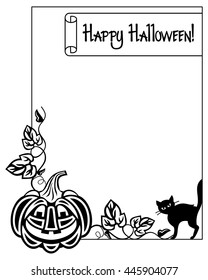 Black and white frame with Halloween pumpkin and text "Happy Halloween!" Vector clip art.