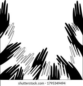 Black and white frame of handprints for text. The arms of different races stretch upward.
