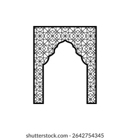 Zwart-wit frame in islamitische stijl met geometrische ornament en figureerde koepel. Vector icoon voor Ramadan ontwerp, decor en architectonische elementen. Platte stijl. Geïsoleerde achtergrond.
