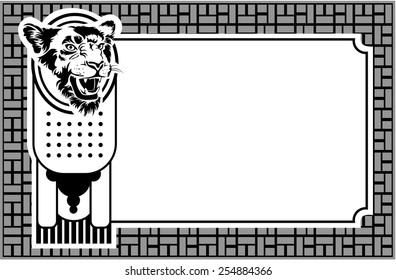 Black and white frame with lions heads