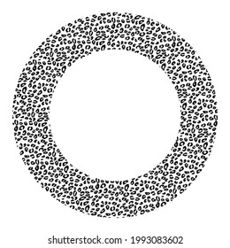 Black and white frame with modern ornament of stylized leopard skin. Round pattern in form of mandala. Decorative border with animal ornament. Trendy leather skin. Copy space. Vector illustration