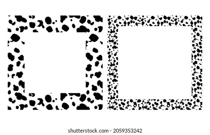 Black and white frame with modern ornament of stylized leopard skin. Squared pattern in form of mandala. Decorative border with animal ornament. Trendy leather skin. Copy space. Vector illustration.