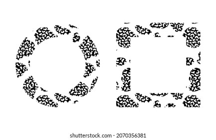 Black and white frame with modern ornament of stylized leopard skin. Squared pattern in form of mandala. Decorative border with animal ornament. Trendy leather skin. Copy space. Vector illustration.