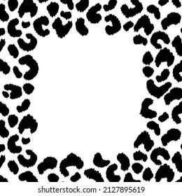 Black and white frame with modern ornament of stylized leopard skin. Squared pattern for poster. Decorative abstract border with animal ornament. Trendy leather skin. Copy space. Vector illustration.