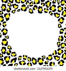 Black and white frame with modern ornament of stylized leopard skin. Squared pattern for poster. Decorative abstract border with animal ornament. Trendy leather skin. Copy space. Vector illustration.
