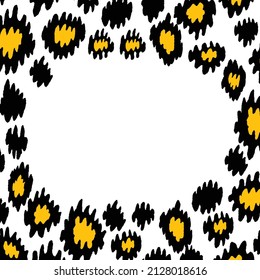Black and white frame with modern ornament of stylized leopard skin. Squared pattern for poster. Decorative abstract border with animal ornament. Trendy leather skin. Copy space. Vector illustration.