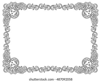 Black and white frame with outline cherub in vintage style. Vector custom element for design artworks.