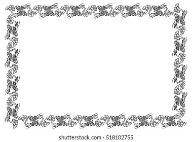 Black and white frame outline decorative flowers. Copy space. Vector clip art.