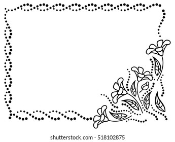 Black and white frame outline decorative flowers. Copy space. Vector clip art.