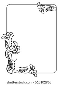 Black and white frame outline decorative flowers. Copy space. Vector clip art.