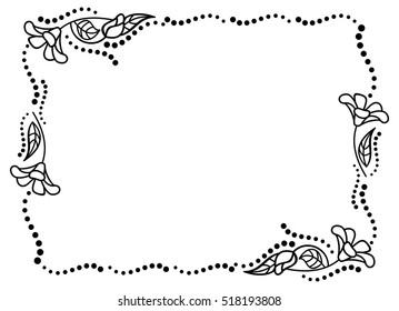 Black and white frame outline decorative flowers. Copy space. Vector clip art.