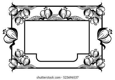 Black and white frame with outline decorative flowers. Copy space. Vector clip art.