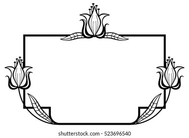 Black and white frame with outline decorative flowers. Copy space. Vector clip art.