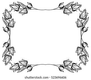Black and white frame with outline decorative flowers. Copy space. Vector clip art.