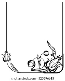 Black and white frame with outline decorative flowers. Copy space. Vector clip art.