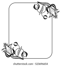 Black and white frame with outline decorative flowers. Copy space. Vector clip art.