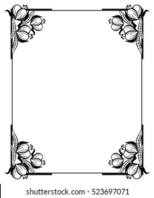 Black and white frame with outline decorative flowers. Copy space. Vector clip art.