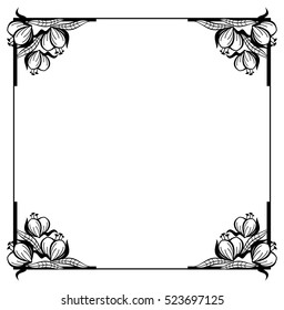 Black and white frame with outline decorative flowers. Copy space. Vector clip art.