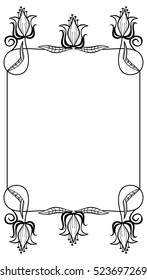 Black and white frame with outline decorative flowers. Copy space. Vector clip art.