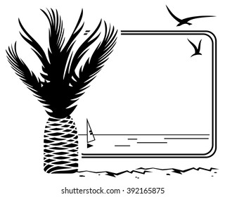 Black and white frame with palm tree silhouette