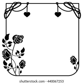  Black and white frame with roses silhouettes. Vector clip art.