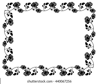  Black and white frame with roses silhouettes. Vector clip art.