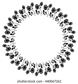  Black and white frame with roses silhouettes. Vector clip art.