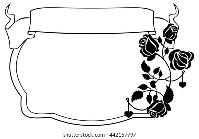 Black and white frame with roses silhouettes. Vector clip art.