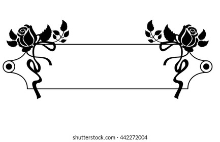 Black and white frame with roses silhouettes. Vector clip art.