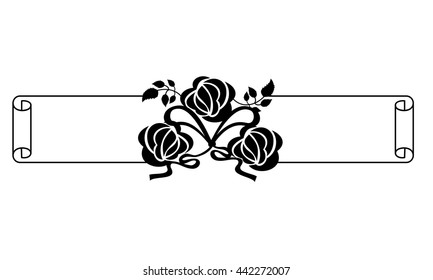 Black and white frame with roses silhouettes. Vector clip art.