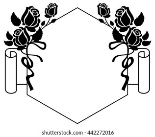 Black and white frame with roses silhouettes. Vector clip art.