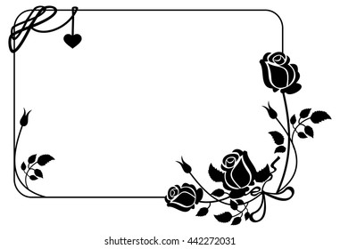 Black and white frame with roses silhouettes. Vector clip art.