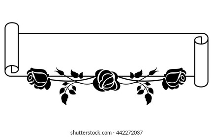 Black and white frame with roses silhouettes. Vector clip art.