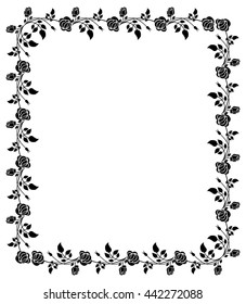 Black and white frame with roses silhouettes. Vector clip art.