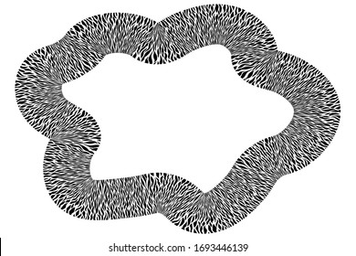 Black and white frame. Round pattern in form of mandala. Decorative border with animal ornament. Zebra skin. Copy space. Fashion board. Template design for card, poster, banner. Vector illustration.