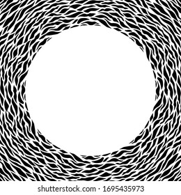 Black and white frame. Round pattern in form of mandala. Decorative border with animal ornament. Zebra skin. Copy space. Fashion board. Template design for card, poster, banner. Vector illustration.