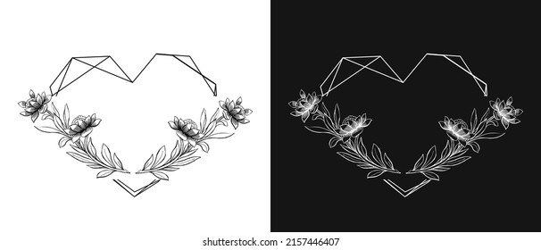 Black and white frame in the shape of a heart decorated with flowers. Frame for invitation, postcard, poster. Vector elements.
