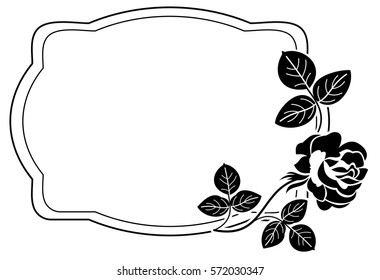 Black and white frame with stylized roses silhouettes. Vector clip art.