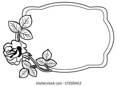 Black and white frame with stylized roses silhouettes. Vector clip art.
