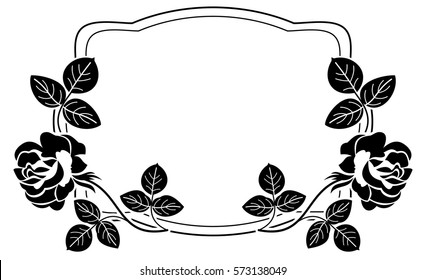 Black and white frame with stylized roses silhouettes. Vector clip art.