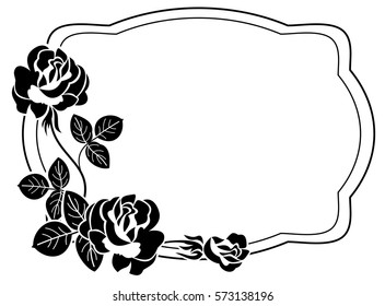 Black and white frame with stylized roses silhouettes. Vector clip art.