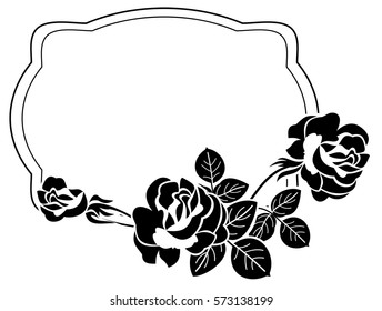 Black and white frame with stylized roses silhouettes. Vector clip art.