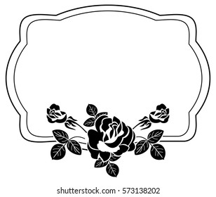Black and white frame with stylized roses silhouettes. Vector clip art.