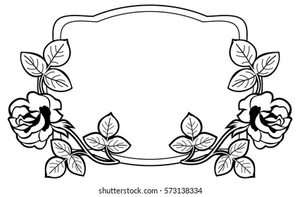 Black and white frame with stylized roses silhouettes. Vector clip art.