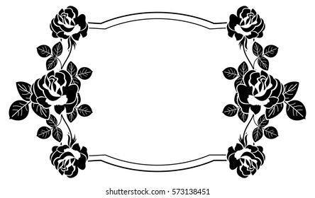 Black and white frame with stylized roses silhouettes. Vector clip art.