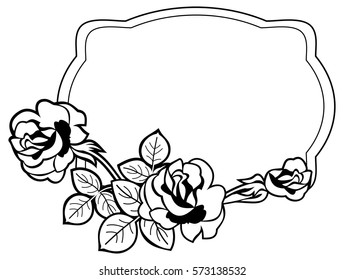 Black and white frame with stylized roses silhouettes. Vector clip art.