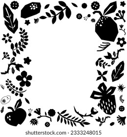 Black and white frame with summer flowers, leaves and fruits. Floral design elements.